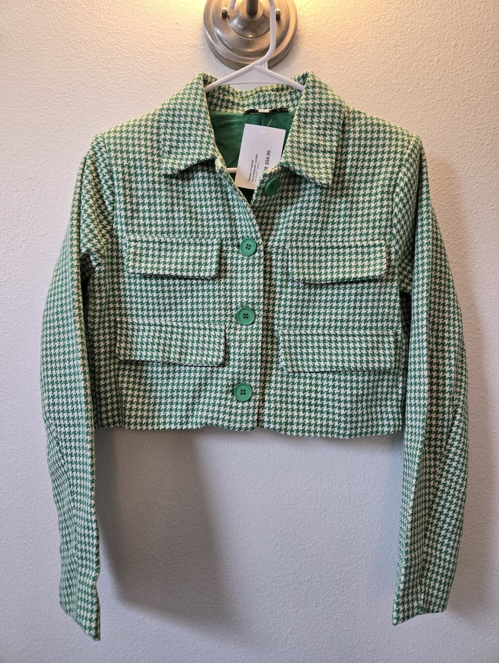 NWT HYFVE Green & White Houndstooth Cropped Jacket Sz S